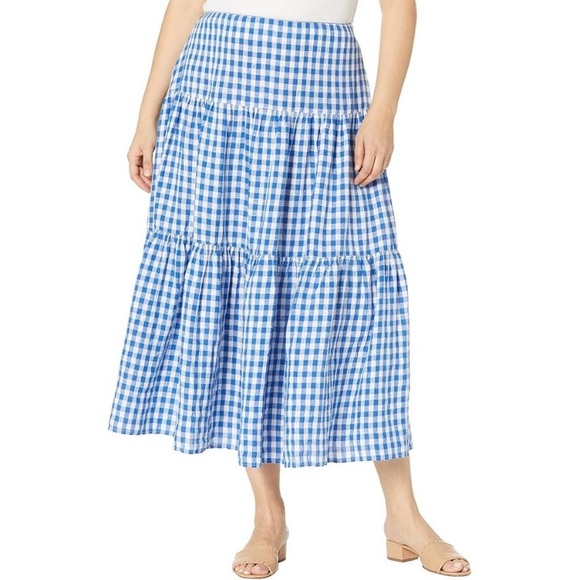 Ralph Lauren Gingham Plaid Tiered Linen Maxi Skirt Womens Blue White Linen - Picture 1 of 8